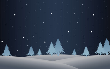 Snowy Night Landscape with Winter Pines Background