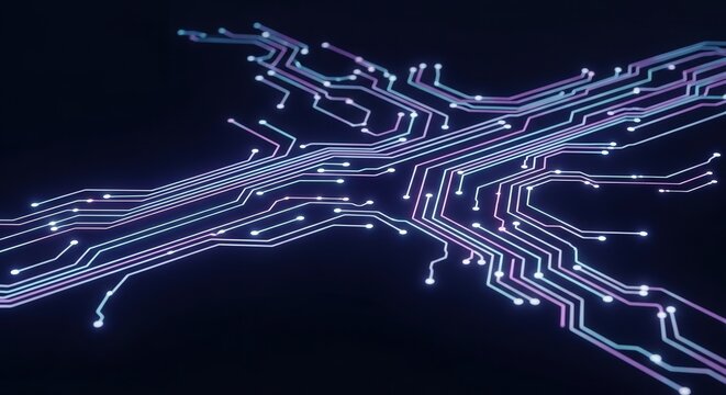 Glowing Circuit Pattern Abstract on Dark Navy Base With Luminous Lines - Powered by Adobe