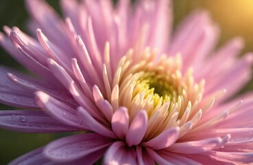 Close-up of pink purple chrysanthemum flower head with thin petals. Tiny water drops on petals, soft sunbeam light glows. Yellow center blooms against dark green blurred background.