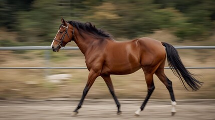 Obraz premium A horse walking slowly on a dirt path, natural motion blur, photorealistic style.