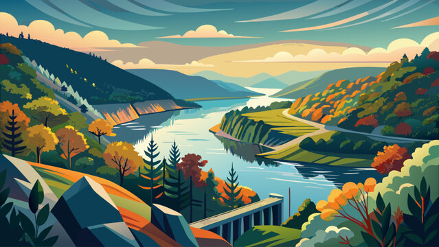 Very beautiful scenic view of the Potomac River from Harpers Ferry, gentle water curves, forested hills, layered perspective, and calm atmosphere captured in refined vector style.