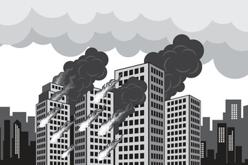 Vector illustration of burning city skyline with tall buildings emitting thick smoke and flames. Urban disaster and emergency scene showing destruction, pollution, and crisis concept in monochrome.