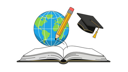 A colorful illustration of an open book with a globe and pencil on top and a graduation cap floating nearby