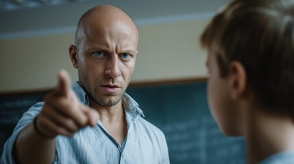 A bald male teacher stands in a classroom, pointing his finger assertively at a young boy. The boy looks apprehensive as the teacher expresses displeasure, creating a tense atmosphere