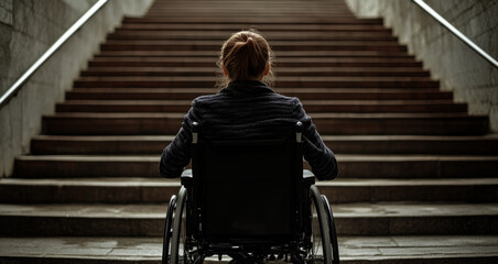  young woman in a wheelchair faces the stairs of her office building