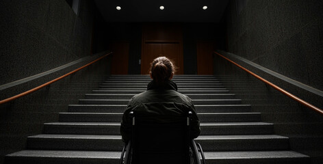  young woman in a wheelchair faces the stairs of her office building