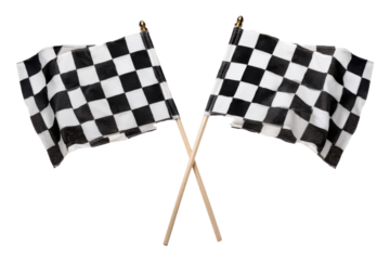 Two checkered flags crossed on wooden sticks against black background racing finish