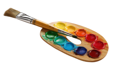 Wooden artist palette with colorful paints and brush on black background image