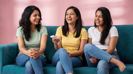 Three Indian Women Laughing Together While Relaxing on Sofa at Home generative ai