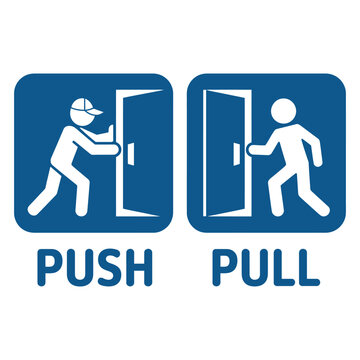 Illustration of push and pull door signs with people opening doors in blue squares