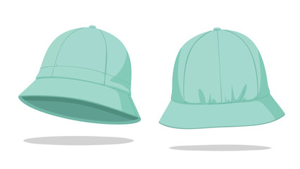 Fototapeta premium Two light greenish-blue bucket hats, one angled showing the brim, the other straight offering a clear view of the crown, isolated on white design