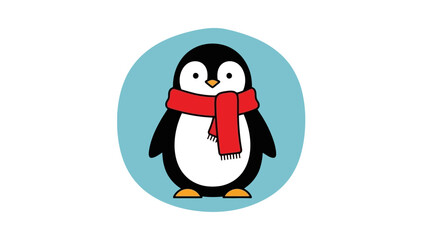 Cute Penguin Wearing a Red Scarf in a Blue Circle, Vector Illustration