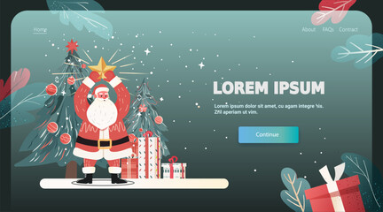 Santa Christmas celebration festive tree gifts snow holiday scene with Santa holding a star near decorated tree and presents website landing page