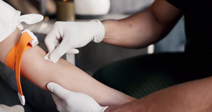 Nurse, hands and arm with preparation for injection, IV drip or healthcare treatment in clinic. Closeup, health worker or wipe with disinfectant or strap for medical remedy, sterilize or medicine