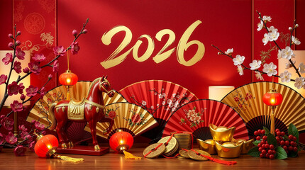 Elegant Chinese New Year 2026 scene featuring a red horse statue, glowing lanterns, gold ingots, cherry blossoms, and painted fans on a luxurious red background.