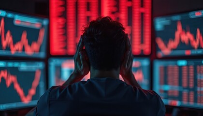 Trader feels stress looking at stock market charts on multiple screens showing financial downturn. Red numbers and graphs indicate loss and crisis.