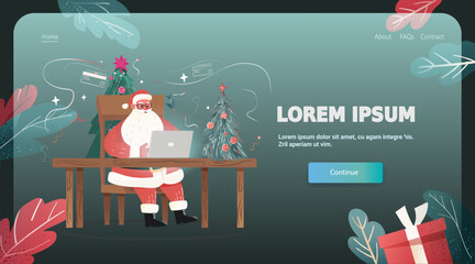 Santa Claus Christmas online celebration festive scene Santa at desk with laptop Christmas tree gift boxes modern website interface background