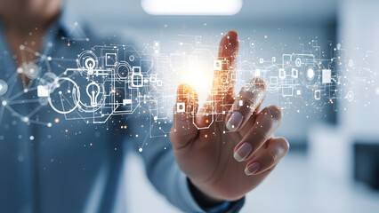 Digital Transformation Woman s Hand Interacting with Futuristic Secure Data Network Interface and Cloud Computing Technology