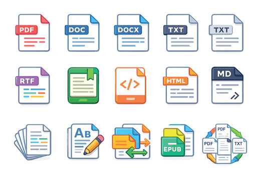Colorful document icons representing various file formats and coding