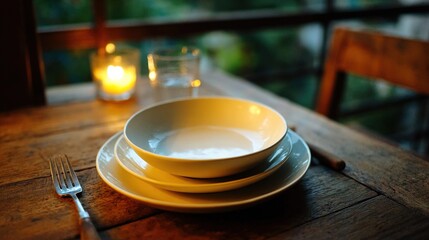 Serene Table Setting with Plates and Candlelight in Cozy Interior