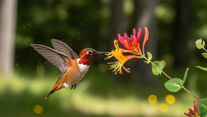 Naklejka premium A Beautiful Hummingbird Hovers to Drink Nectar from a Vibrant Honeysuckle Flower