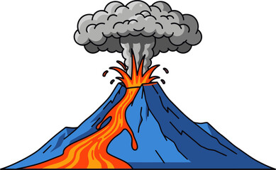 A vibrant cartoon volcano erupts with lava and smoke. Bold colors and a dynamic composition make this image ideal for educational or illustrative purposes. © Vector Factory
