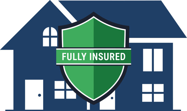 A stylized blue house with a green shield displaying 'Fully Insured'. It?s a clean, modern graphic design, perfect for insurance marketing materials. Bold colors and a protective feel.