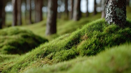 Lush Green Carpet of Moss on Forest Floor in Sunlit Trees