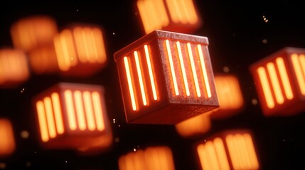 Futuristic Floating Boxes with Glowing Orange Lights in Abstract Space