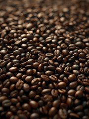 Close up full frame background texture of roasted coffee beans with selective focus and shallow depth of field, dark brown aromatic caffeine ingredient.