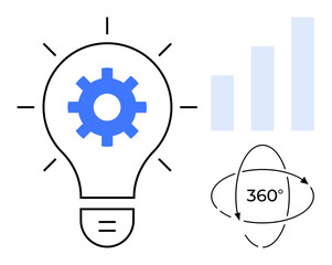 Innovation concept. Light bulb with gear ideas and technology, accompanied by a growth chart and 360-degree perspective. Innovation for business, design, brainstorming, efficiency, creativity © robu_s