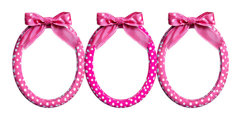 Three pink polka dot oval frames with satin bows, isolated on black background, perfect for baby shower or girls party invitations