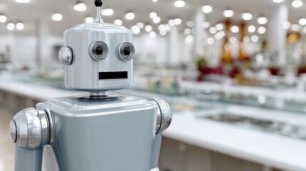Retro Robot in a Modern Kitchen Setting with Blurred Background