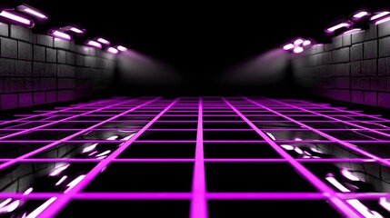 Futuristic Grid Floor with Neon Pink Lights in Dark Environment