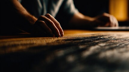 Close-up of Hand Touching Textured Surface in Dim Light