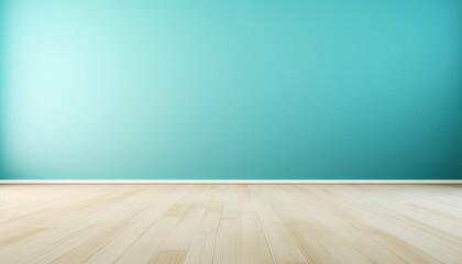 Bright and modern interior with turquoise wall and wooden floor in contemporary design style