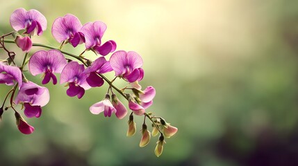Obraz premium Amidst a serene summer day, sweet pea flowers display their lush, vibrant petals. Bathed in warm sunlight, their delicate beauty captures the essence of nature's artistry and tranquility
