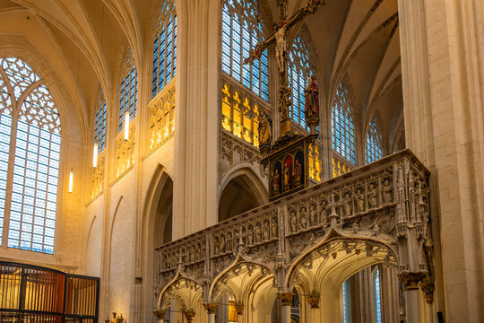 Gothic rood screen and crucifix inside Saint Peters Church in Leuven