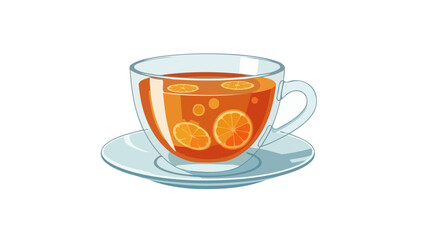 Double Wall Glass Cup of Hot Tea with Orange Slices and Bubbles on Saucer