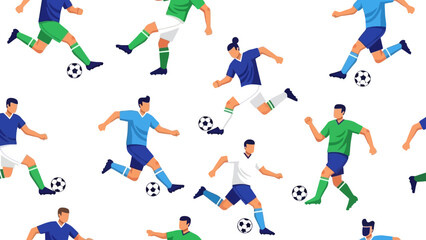 Stylized Soccer Players Kicking and Running Seamless Vector Pattern on White Background