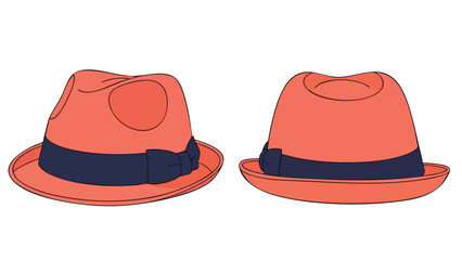 Fototapeta premium Pair of stylish fedora hats, each showcasing a vibrant coral hue with navy blue ribbon accentuating the design, conveying a sense of classic fashion