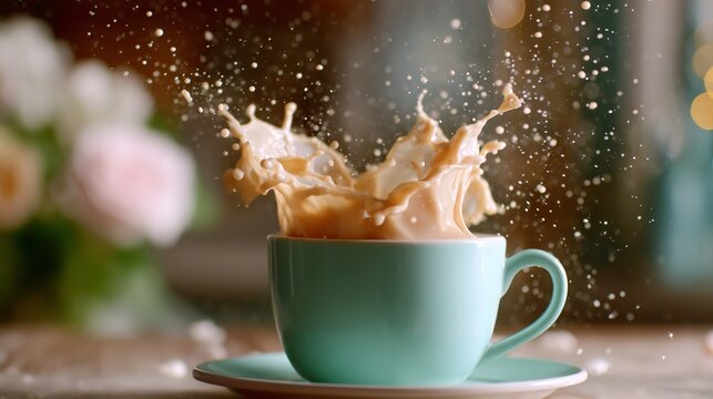 Coffee spills from cup during a morning meal at home with flowers in the background
