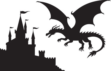 dragon attacking castle silhouette medieval fantasy vector