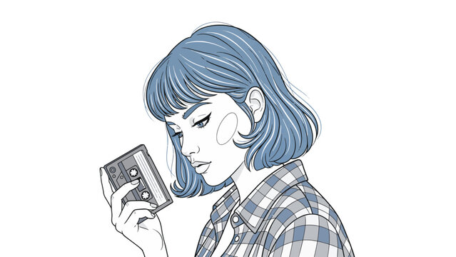 Detailed illustration of a young woman with blue hair holding a retro cassette tape, looking nostalgic and thoughtful.