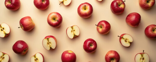 Red apples laid out on a plain beige background in a repeating pattern. Some apples are whole while others are cut in half showing the seeds and white flesh inside.