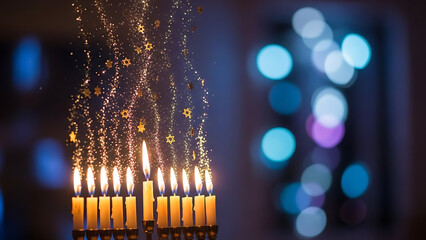 Warm glow of menorah candles against bokeh background