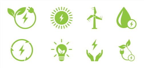 Green Energy and Renewable Power Icons Set with Solar, Wind, Electricity, and Eco Sustainability Symbols
