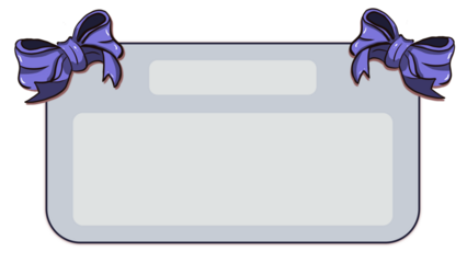 a pale light blue background. The note/label  is decorated with two stylized royal purple ribbon bows perched on the top corners. It features two empty, rounded rectangular fields