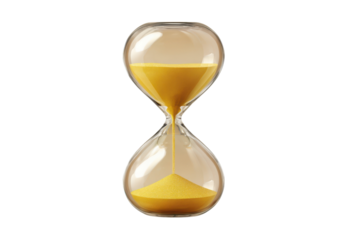 Clear glass hourglass with yellow sand flowing on black background time