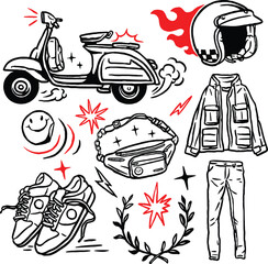 Obraz premium Retro scooter and urban style gear icons in bold line style, featuring helmet, jacket, sneakers, crossbody bag, and laurel.